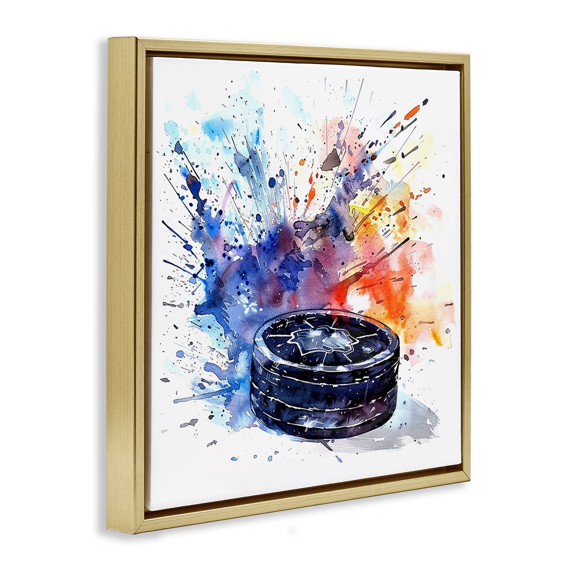 Stupell Industries Hockey Splash Watercolor Burst Gold Framed Floater Canvas Wall Art, design by LSR Design Studio