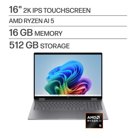 HP, OmniBook X Flip 2-in-1, 16" 2K Touchscreen Laptop, AMD Ryzen AI 5 430, 16GB Memory, 512GB SSD, Copilot PC, Meteor Silver