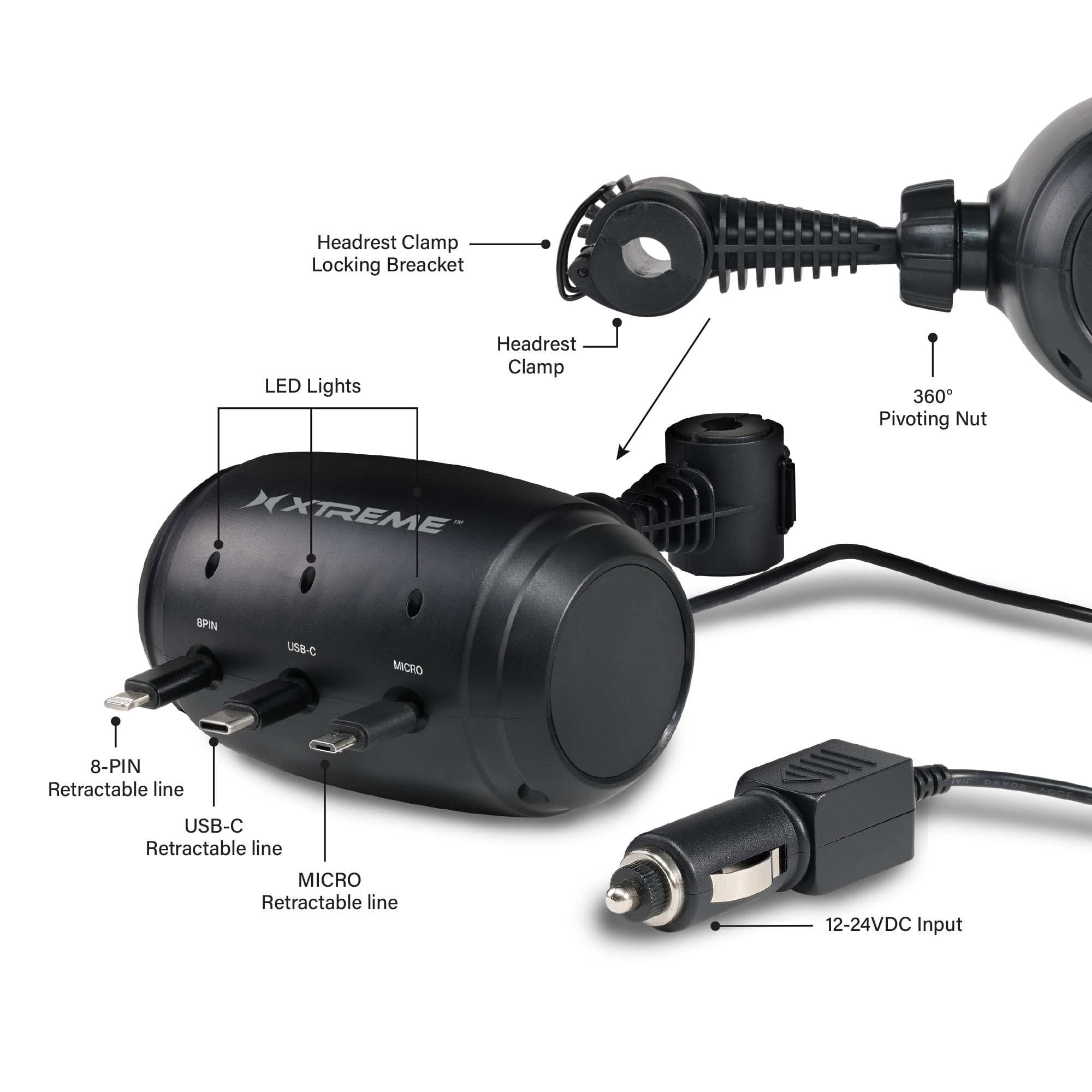 Xtreme Power 30W Retractable 3-in-1 12V Headrest Charging Station – USB-C, 8PIN & Micro, Automatic Cable Management, Car Charger for Backseat Passengers, Ride Sharing, SUVs & Vans, Pro Series,