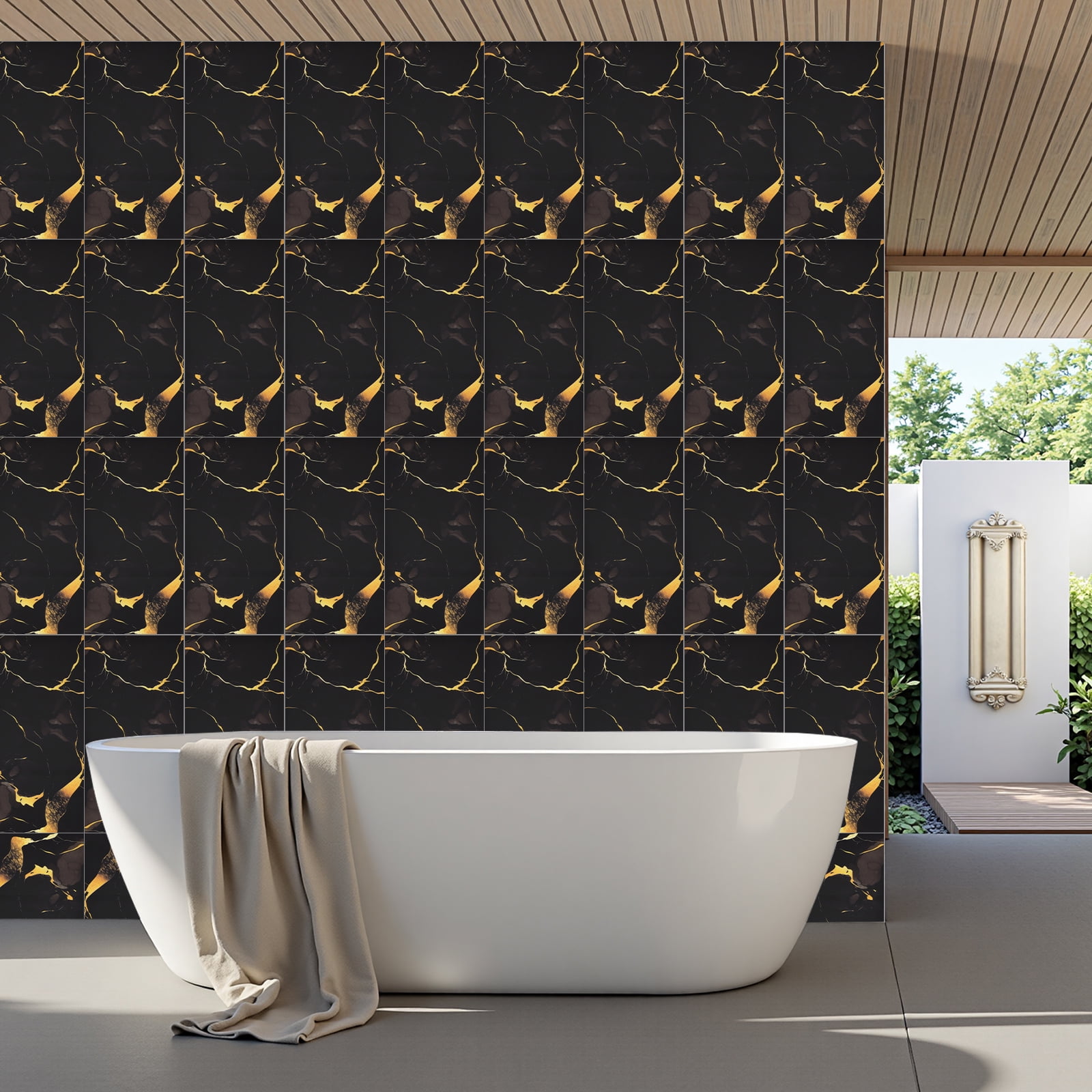 20PCS Waterproof Marble Peel and Stick Backsplash Washroom Wall Panels, Peel and Stick Tile, PVC Wall Panels for Kitchen Bathroom Living Room Bedroom Not Real Tile Black
