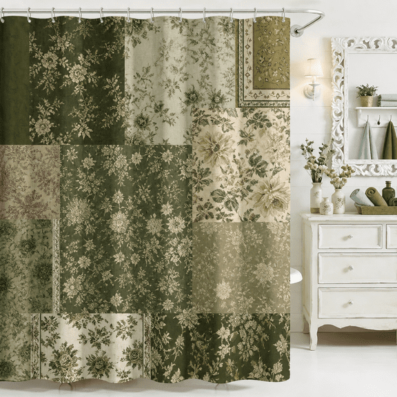 Elyvra Green Floral Shower Curtain 72 x 72 Inch, Botanical Patchwork Farmhouse Boho Bathroom Decor, Sage Garden Flowers Print Fabric Shower Curtain