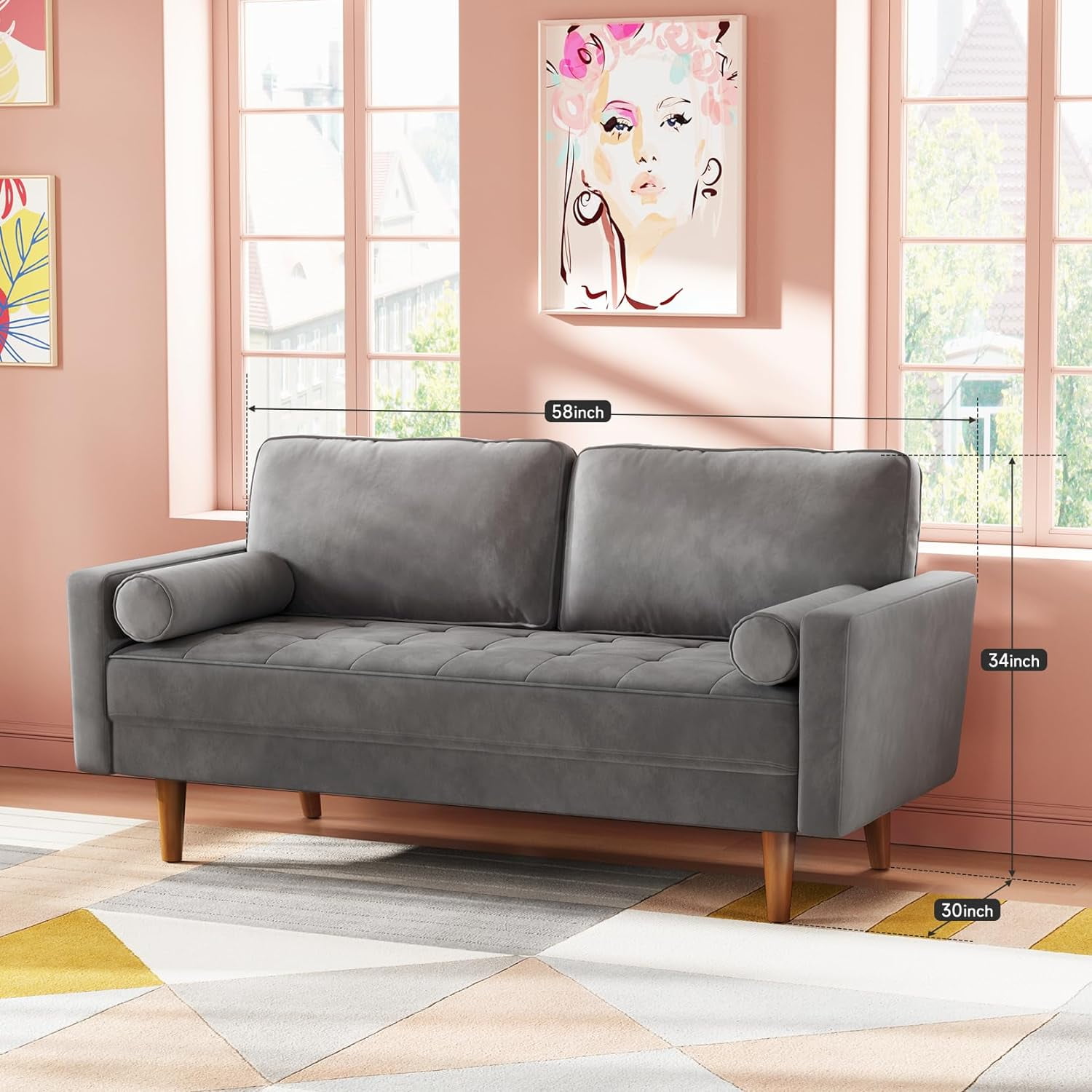 Neche 59" Velvet Spring Sofa Couch for Living Room, Office, Small Space, Solid Wood Leg, One Box, Gray