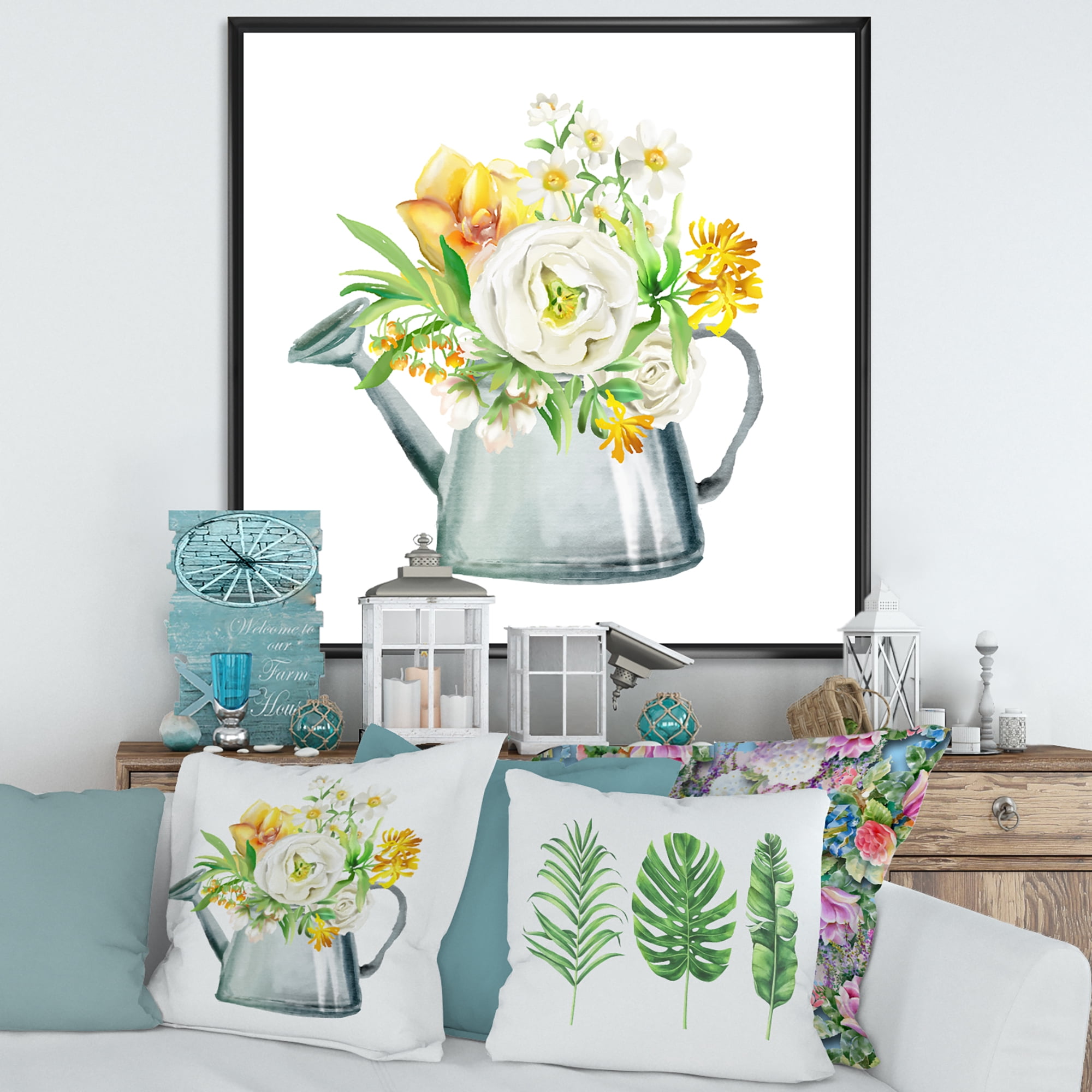 Designart 'Marigolds Roses and Peonies In Garden Watering Can' Farmhouse Framed Canvas Wall Art Print