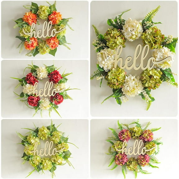 Godderr 17.7*11inch Hello Wooden Imitation Wreath, Door Hanging Hydrangea Garland, Flower Vine Garland, Window Decoration