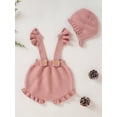 thumbnail image 6 of SAYOO Baby Girls Suspender Pants with Hat, Adjustable Straps Plain Knitted Ruffle Overalls, High Waist Short One-Piece Jumpsuit, 6 of 9