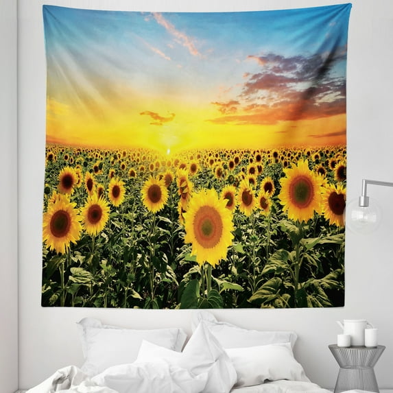 Flowers Tapestry, Sunset Time Field Scenery Sunflower Meadow Blossoming Romantic Dawn, Fabric Wall Hanging Decor for Bedroom Living Room Dorm, 5 Sizes, Mustard Cinnamon and Blue, by Ambesonne