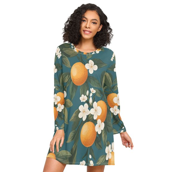 FORMRS Womens Long Sleeve Nightgowns Crew Neck Sleep Shirt Soft Pajamas Sizes S-3XL, Green Floral Orange