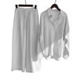 thumbnail image 1 of Conjunto casual de 2 piezas de blusa de algodón y lino de manga larga con botones + pantalones de pierna ancha para mujer, 1 of 2
