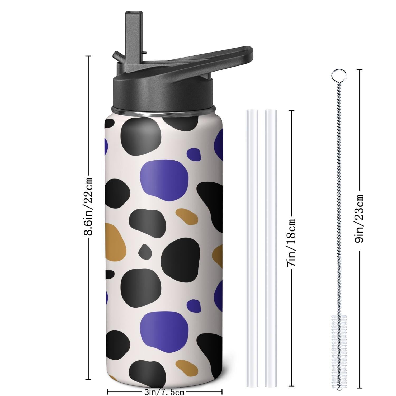 Leopard Print Insulated Stainless Steel Water Bottle with Straw & Cleaning Brush – 18 Oz | Leakproof, BPA-Free, 304 Stainless Steel, Wide Mouth, Travel Mug for Car, Gym, Office