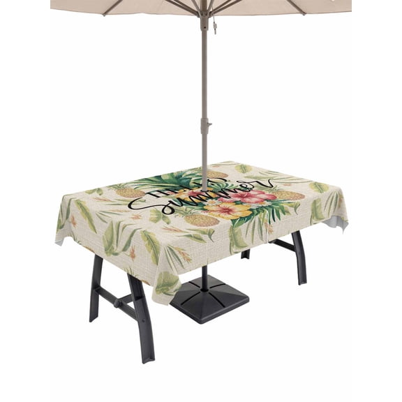 Outdoor Tablecloth with Umbrella Hole for Patio/Picnic/Party/Camping, Pink Yellow Floral Waterproof Table Cloth Rectangle Table Cover Washable, Green Summer Botanical Rustic (60"x 102")