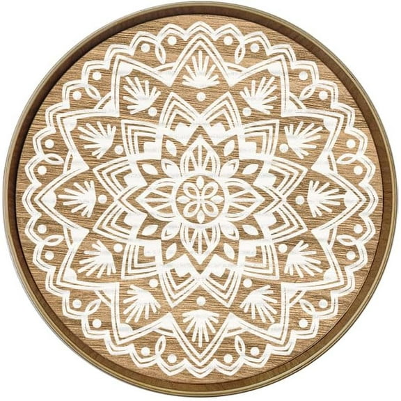 Round Decorative Coffee Tray 11.8 Inch Mandala Wooden Tray Vintage Printed Wooden Pallet Ottoman Tray Wood Circle Tray for Thanksgiving Day Christmas for Home