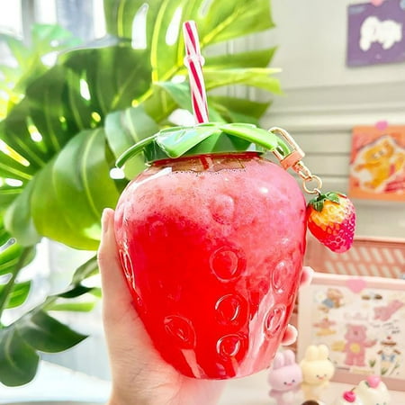 

Cute Transparent Strawberry Cup Straw Cup Milk Tea Fruit Cup Portable Water Cup
