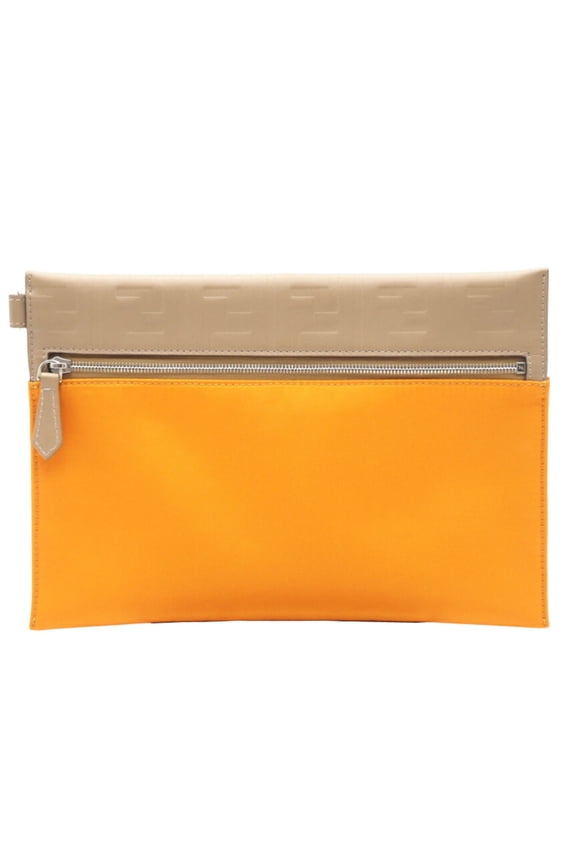 Pre-Owned FENDI Zucca Nylon and Leather Clutch Bag Pouch 7N0108 Orange/Brown Women's
