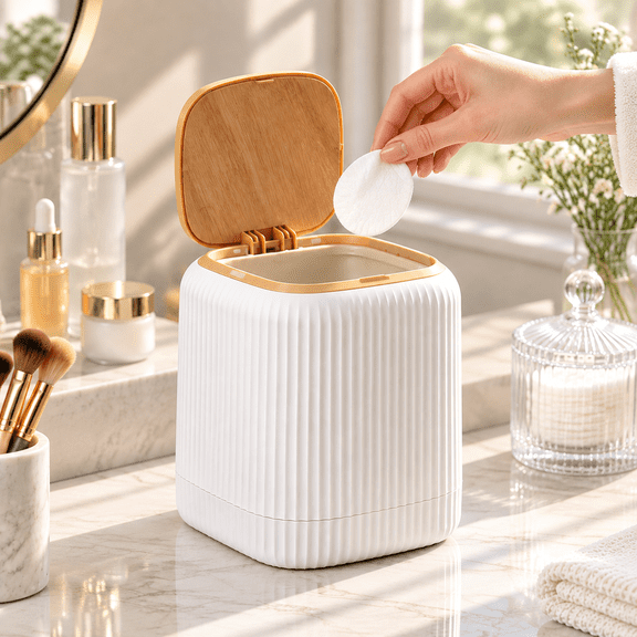 White Countertop Trash Can with Press Lid – Small Desktop Garbage Bin with Hidden Inner Bucket, Mini Wastebasket for Bathroom, Makeup Vanity, Office, Kitchen White