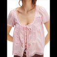thumbnail image 2 of Blusa de Encaje con Lazo Frontal para Mujer, Transparente, de Corta, Cuello Redondo, Botones, Estilo Bohemio, con Volantes, Estilo Y2K Rosa S, 2 of 7