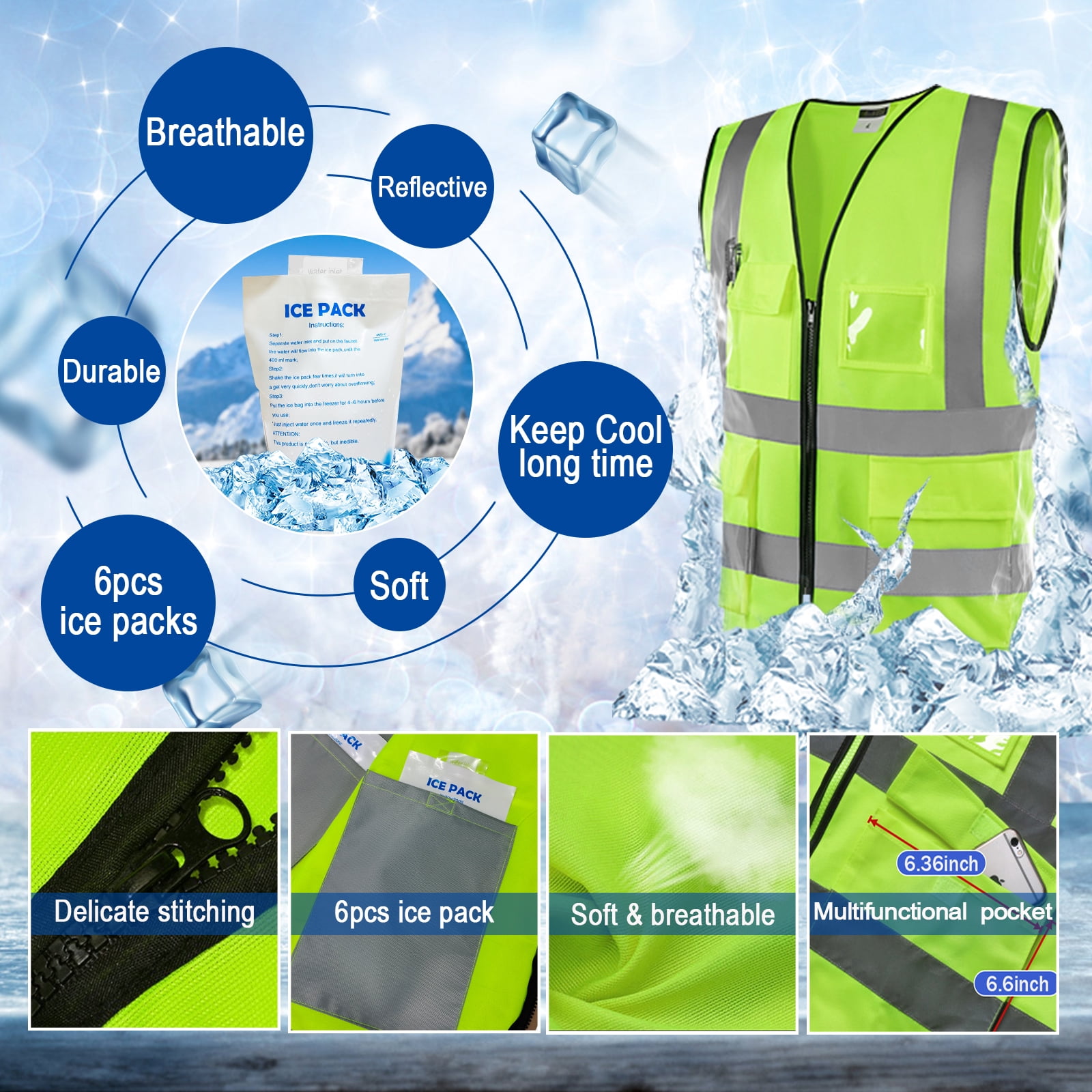 Cooling Safety Vest with Ice Packs - Construction Work Ice Cool Vest for Men Women with Multi-pockets