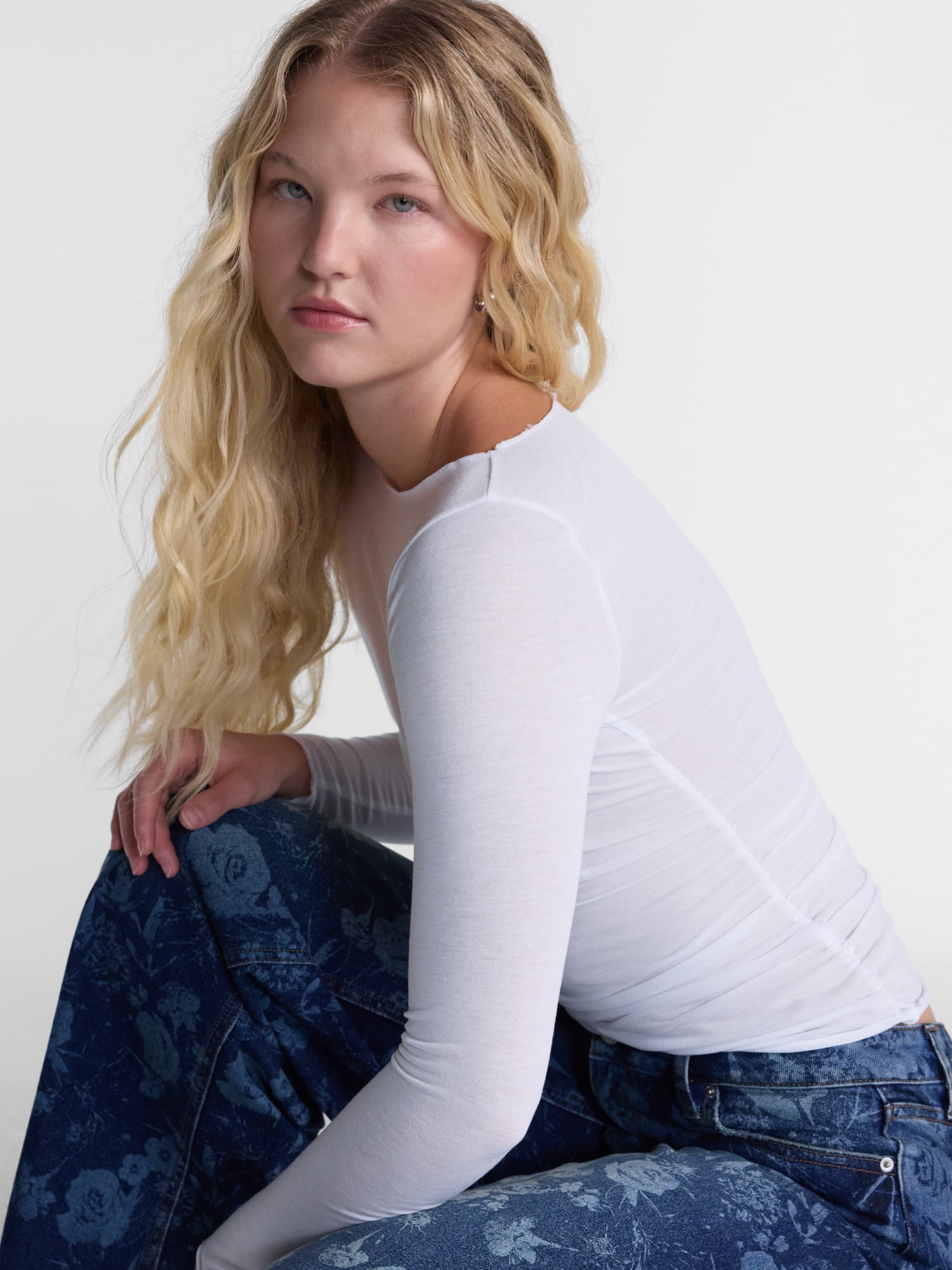 No Boundaries Drapey Tee with Long Sleeves, Women's XXS-XXL