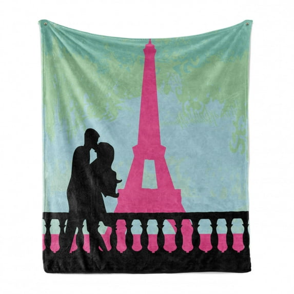 Kiss Soft Flannel Fleece Blanket, Couple in Paris Kissing near the Eiffel Tower Valentine's Day Hand Drawn Style, Cozy Plush for Indoor and Outdoor Use, 50" x 70", Seafoam Pink Black, by Ambesonne