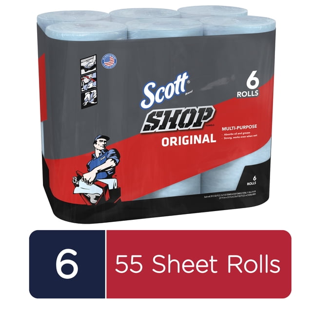 Scott Shop Towels – 6 Rolls, 55 Sheets Per Roll – Blue, All-Purpose, Unscented