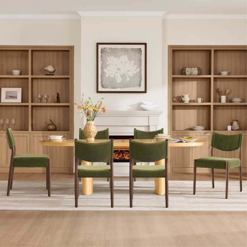 Spruce & Spring Solid Rubber Wood Dining Chairs, Spill-Resistant & Stain-Resistant Chenille Fabric, Modern Upholstered Seat with Ergonomic Back, for Kitchen Living Room, Moss Green, Set of 2