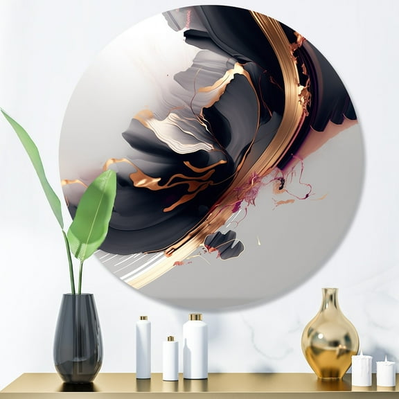 Designart "Transcending Complexity Rose Gold and Black I" Abstract Metal Round Art Living Room