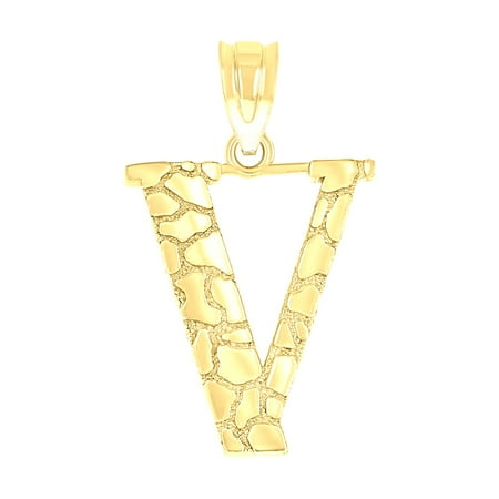 10k Yellow Gold Unisex Nugget Initial V Charm Pendant for Men Women