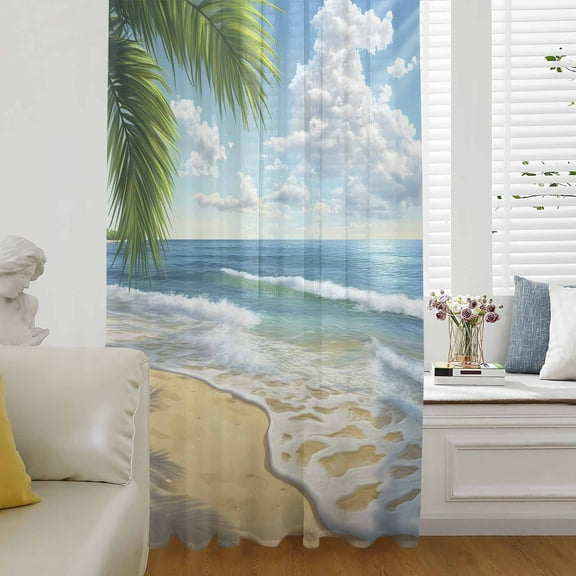 Summer Beach Semi Sheer Curtains Drapes for Living Room, Bedroom, French Doors Window 84 Inches Long, Coastal Ocean Tropical Palm Trees Rod Pocket Chiffon Curtain Drapery Voile Draperies Panel