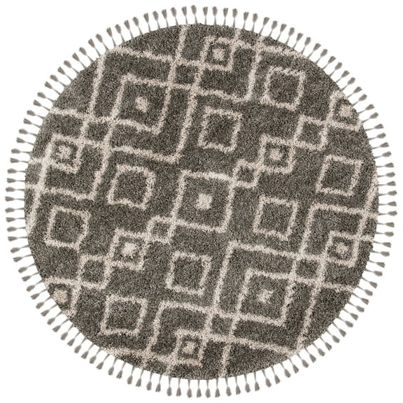 SAFAVIEH Moroccan Fringe Janella Geometric Shag Area Rug, Grey/Cream, 6'7" x 6'7" Round