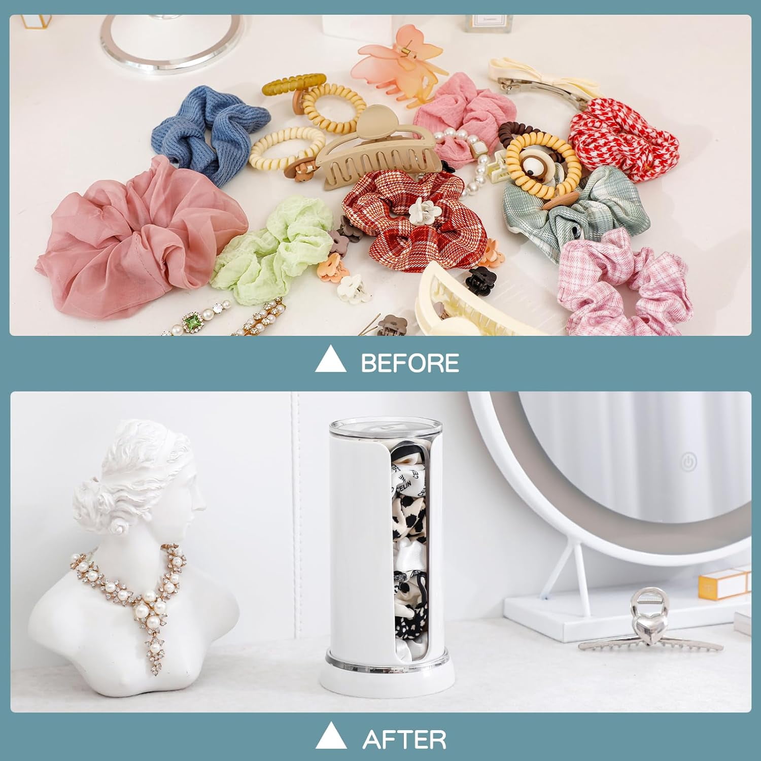 ABCISI Plastic Portable Scrunchie Holder, Double-Barrel Scrunchie Organizer - Clear Portable Hair Tie & Cotton Pads Holder for Bathroom & Travel​.（White-1PC）