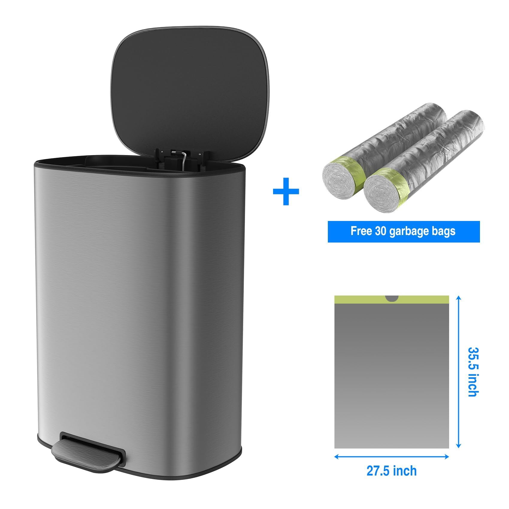 50 Liter/13.2 Gallon Step Trash Can with Inner Liner, Oval Garbage Can with Soft Close Quiet Lid, with 30 Garbage Bags for Kitchen/Home/Office and More - Stainless Steel Thickened Body （Silver Gray）