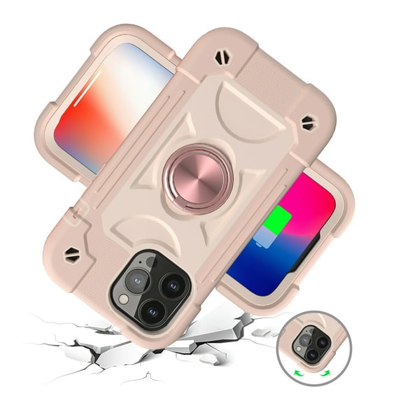 For Apple iPhone 13 Pro Max (6.7") Thick 3in1 Hybrid Rugged TPU Shock-Absorbing with Rotatable Double Rings Kickstand Case Cover fit iPhone 13 Pro Max / 6.7" - Rose Gold