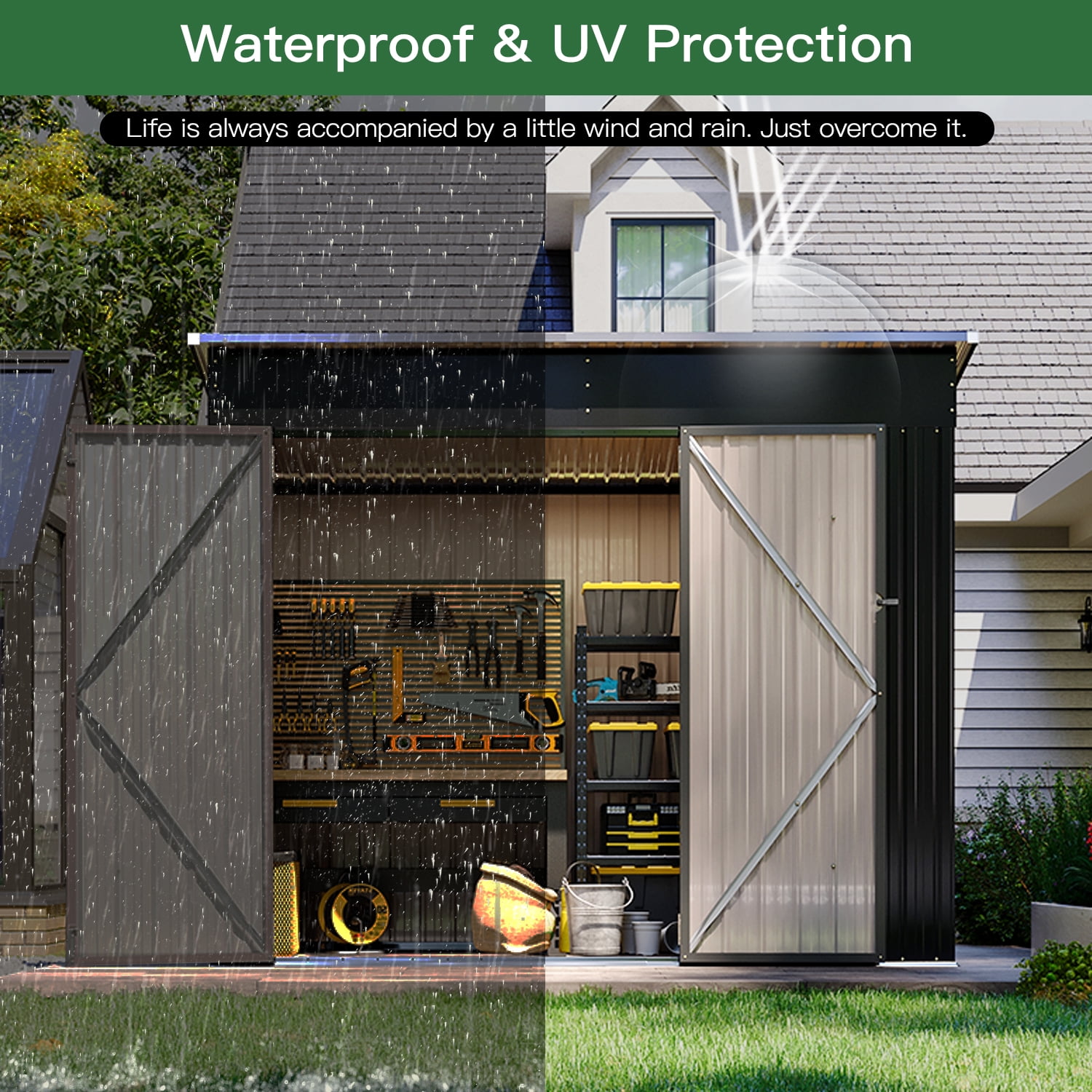 BaPiPro 8'x4' Lean-to Metal Storage Shed, Outdoor Lockable Shed with Triple Doors & Vents for Garden, Backyard, Patio - Black
