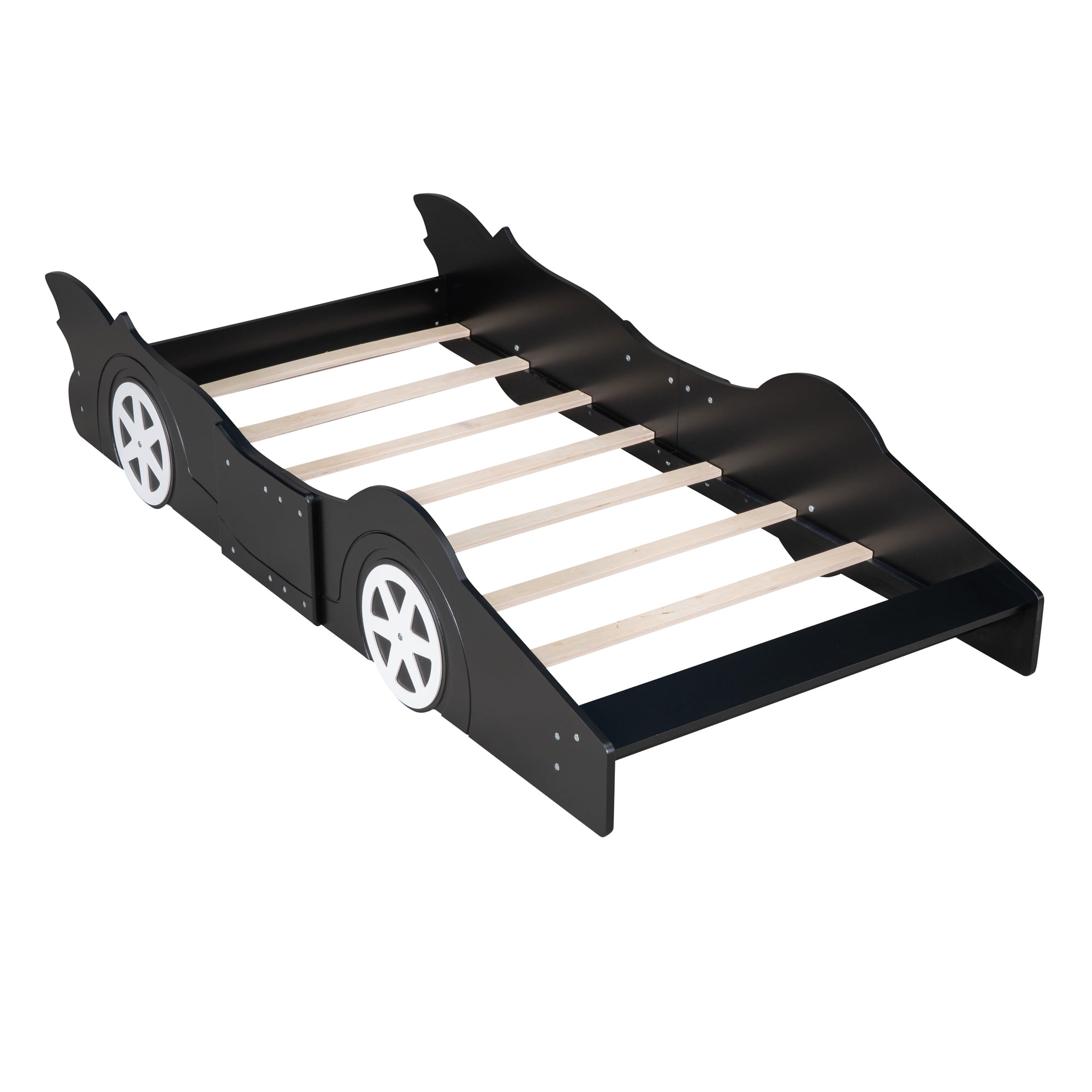 Daatumm Full Racing Platform Bed with Dynamic Speed Accents & Rolling Wheels - Jet Blue Upholstered Bed Frame for Themed Bedrooms & Playful Spaces