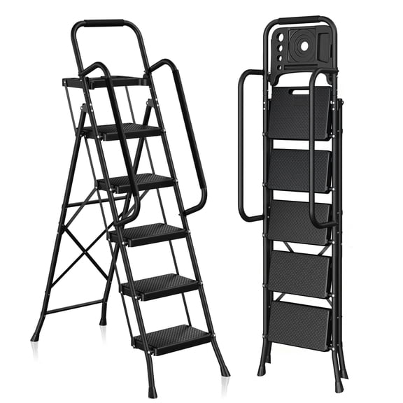 PhiloDeco 5 Step Ladder with Handrails and Tool Tray, 450lbs Sturdy Step Stool Ladder with Anti-Slip Pedal, Safety Ladder for Adults, Portable Folding Ladders for Home, Kitchen, Office