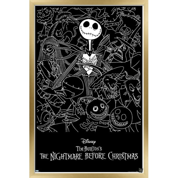 Disney Tim Burton's The Nightmare Before Christmas - Black and White Wall Poster, 22.375" x 34", Framed