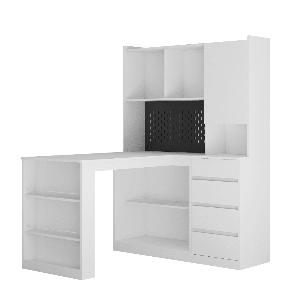 Tcbosik L-Shaped Corner Desk with LED Lights and Charging Station, Computer Desk with Hutch, Bookshelf & Pegboard, Writing Table with Shelf, Door and 4 Drawers for Home Office, White