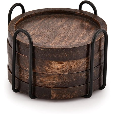 Mango Wood Coasters for Drinks with Iron Holder Stand Set of 4 for Drinking Glasses Tabletop Protection for Any Table Type