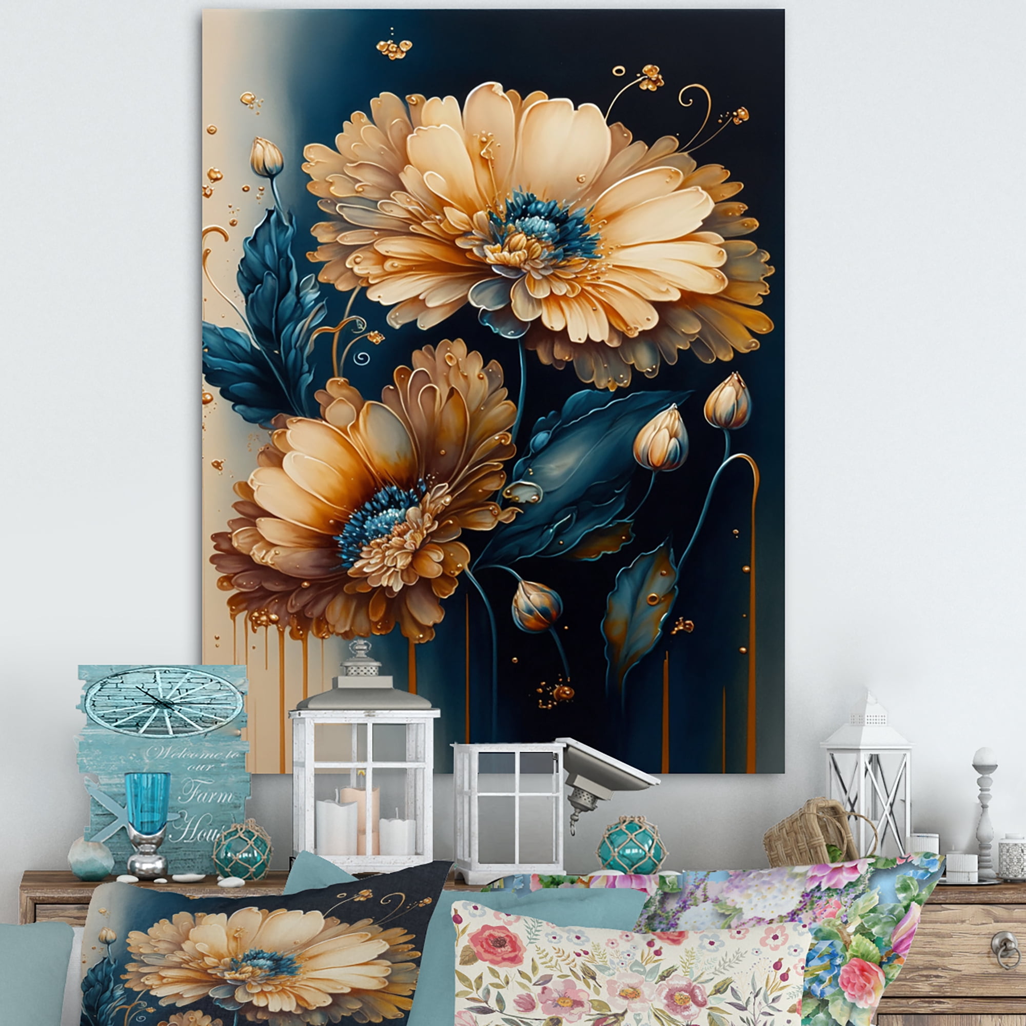 Designart Light Orange And Dark Blue Daisy II Canvas Wall Art