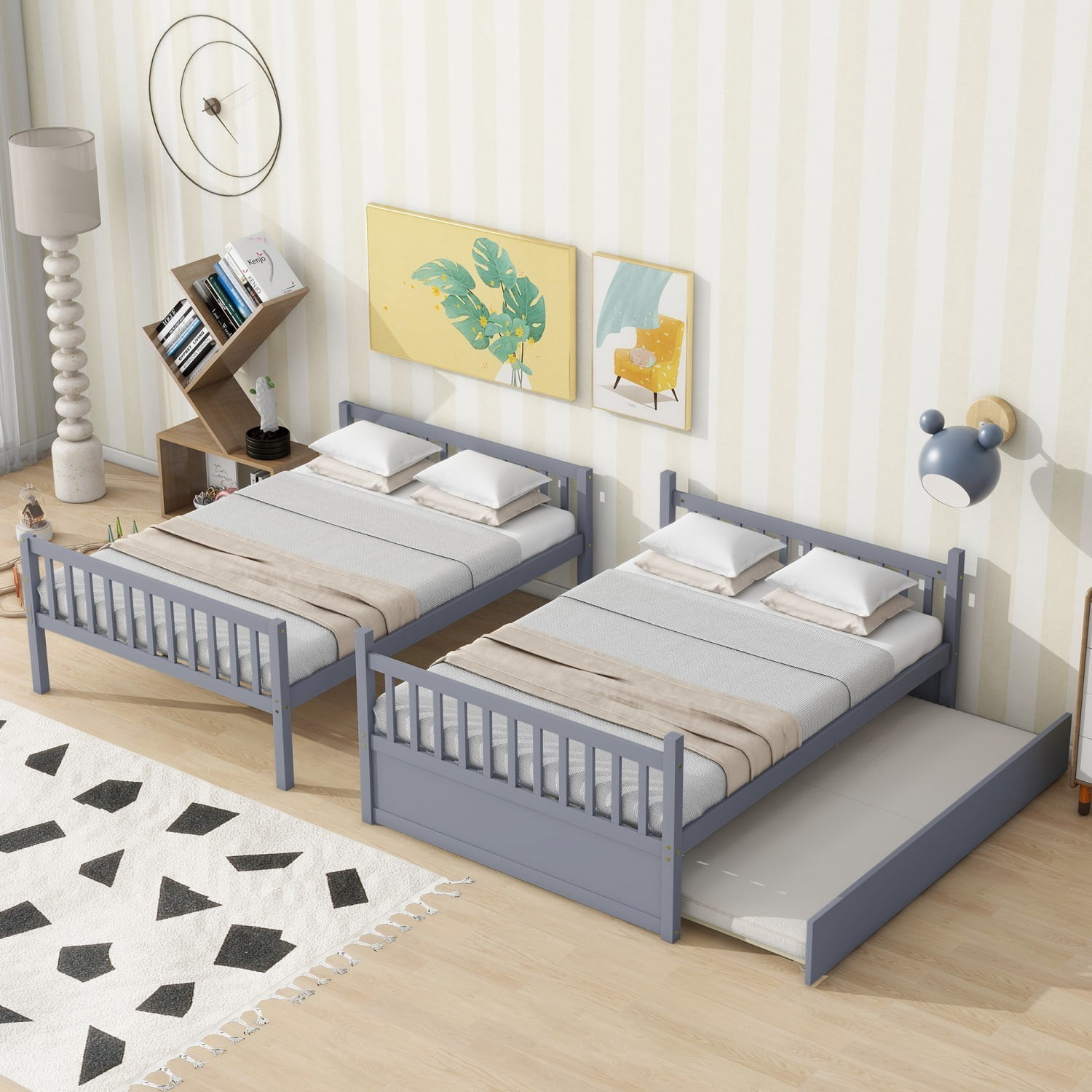 Full Over Full Bunk Bed with Twin Trundle, Convertible Wooden Bunk Bed with Guardrails & Ladder, Detachable into 2 Full Size Beds, Grey