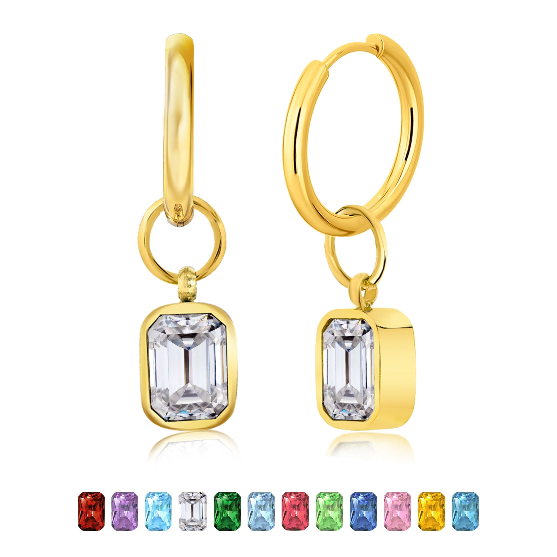 JeenMata 2 Carat Emerald Cut - Cubic Zirconia - April Bezel Huggie Hoop Earrings - Yellow Gold Plated