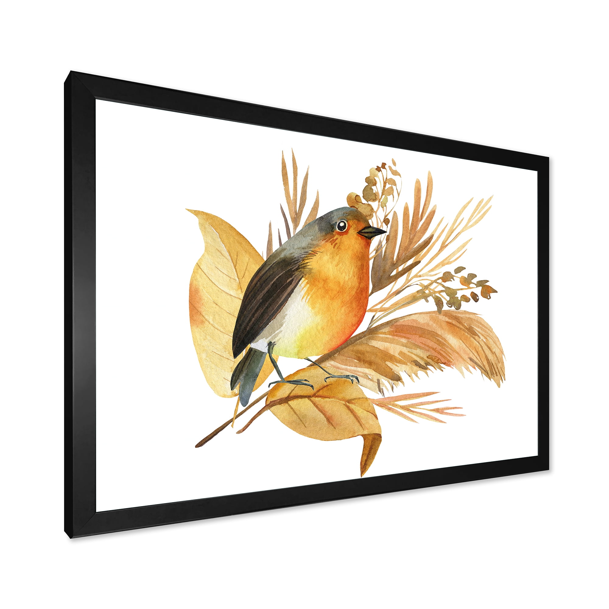 Designart 'Autumn Flowers and Robin Bird' Traditional Framed Art Print