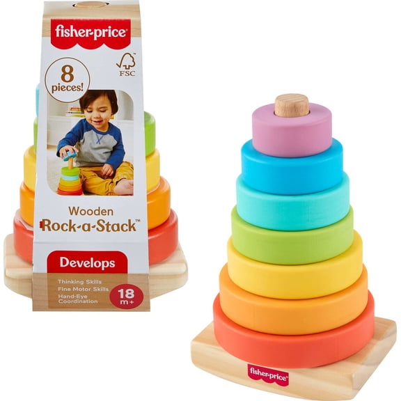 Fisher-Price Wooden Rock-a-Stack, Toddler Ring-Stacking Activity Toy with 8 Wood Pieces