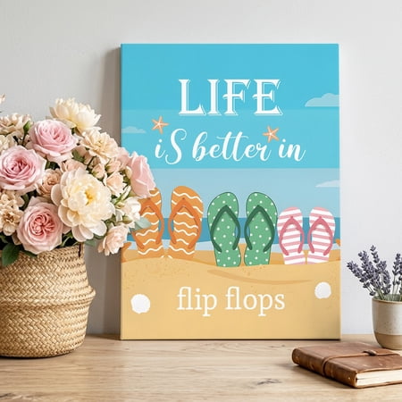 Slippers Beach Starfish Canvas Wall Art for Living Room Bedroom Bathroom Life Is Better in Flip Flops Canvas Art Wall Decor Artwork for Walls Home Office Decor 12 x16