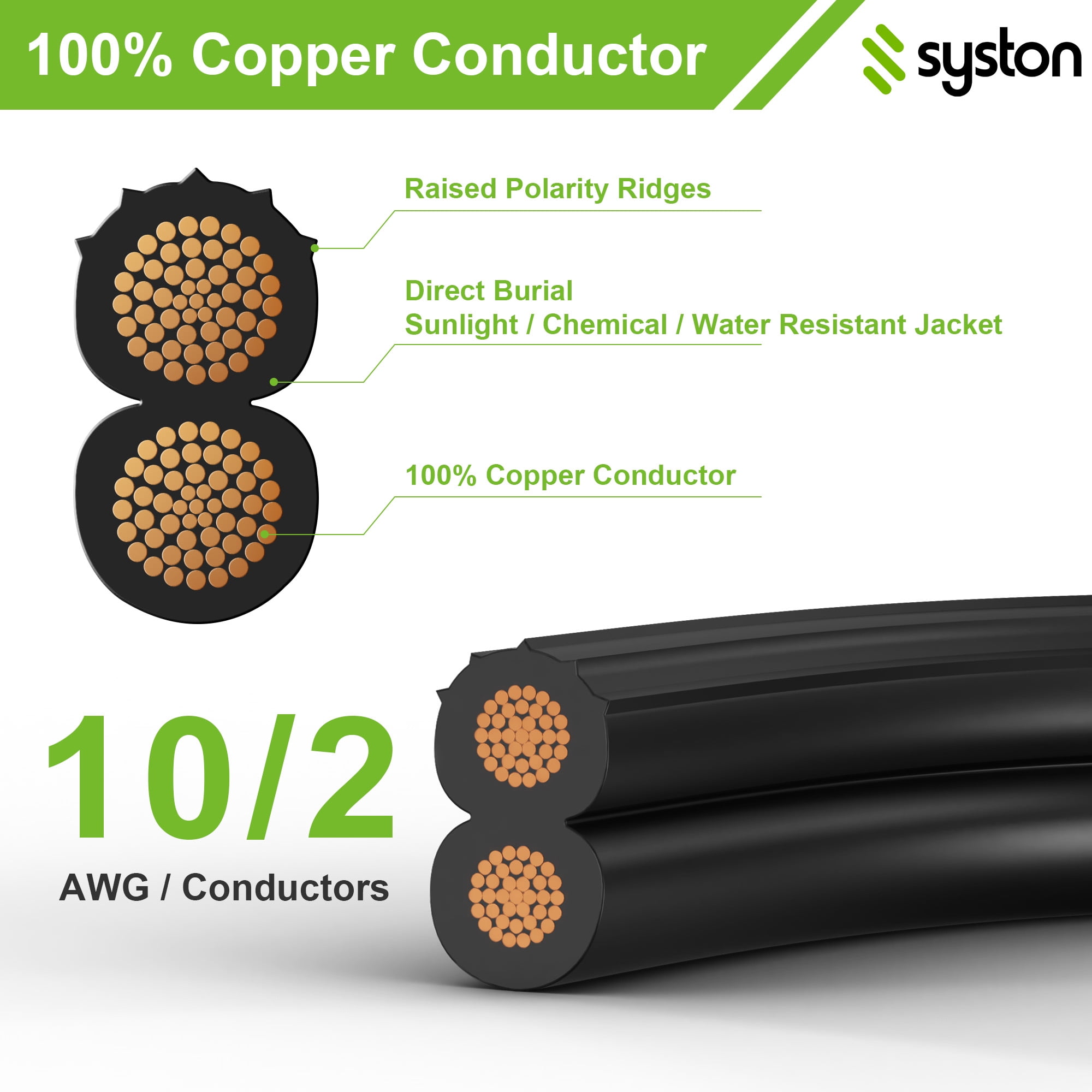 SYSTON 10/2 Low Voltage Landscape Lighting Direct Burial Stranded Wire Cable, 10 Gauge 2 Copper Conductors for Outdoor Spotlight Pathway Lighting and More Low Voltage Applications Use - 300 FT