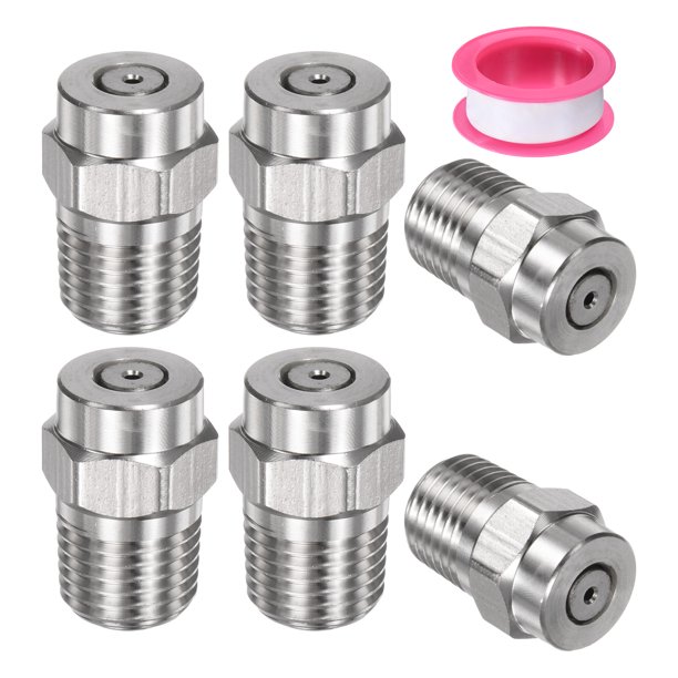 Puntas de limpieza de superficie Uxcell 6 Pack - Boquillas de lavadora a presión de 0 grados 1/4" NPT macho, acero inoxidable con cinta de sellado (orificio de 1.449 mm)