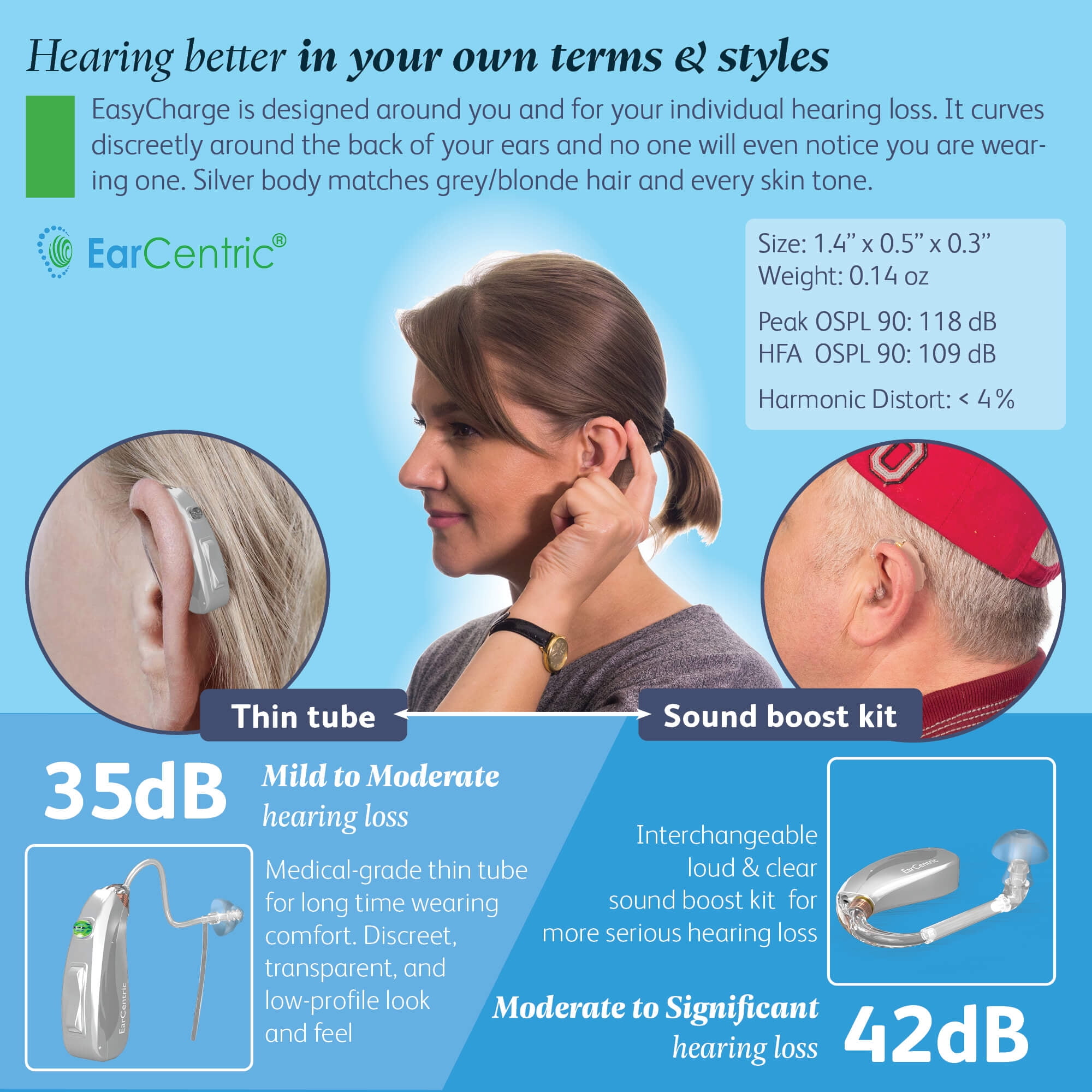 EX2 Rechargeable Behind-the-Ear Beige kit (2pc) - Silver by EarCentric Hearing Amplifiers