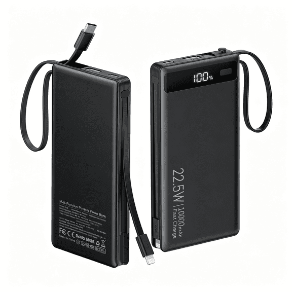 HBMYN Power Bank Built-In 2 Cables 10000Mah,22.5W Pd Slim Travel Portable Charger | Usb C Batterypack,Travel Essentials Fast Charging Powerbank Compatible with Iphone 17 16 15 Plus Pro
