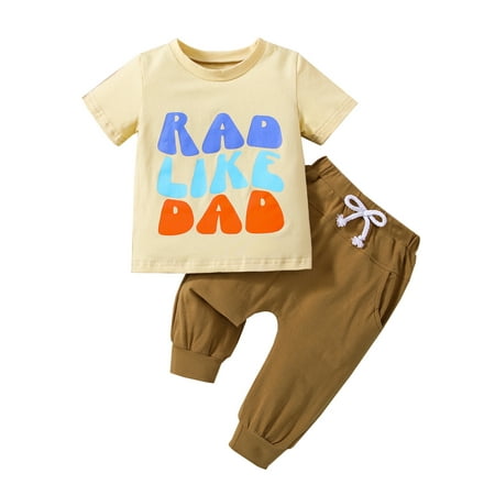 

Frobukio 2Pcs Toddler Baby Boys Pants Sets Short Sleeve Crew Neck Letters Print T-shirt + Pants Summer Outfits Brown 6-12 Months