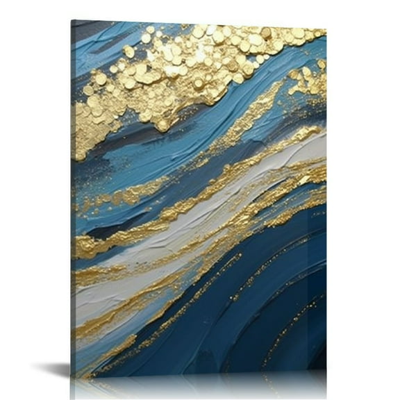 COMIO  Blue Abstract Picture Canvas Wall Art Painted with Gold Foil for Living Room Bedroom Home Office Wall Decor