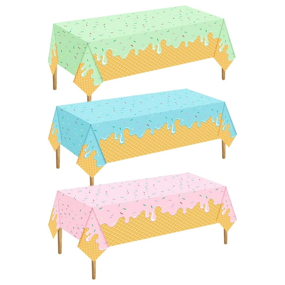 3 Pcs Ice Cream Party Tablecloths, 54" X 108" Plastic Table Covers for Rectangular Tables, for Summer Outdoor Picnic Birthday (Pink, Blue, Green)